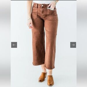 Judy Blue Mid-Rise Wide Leg Crop Brown Garment Dyed Utility Pocket Jeans Size 32